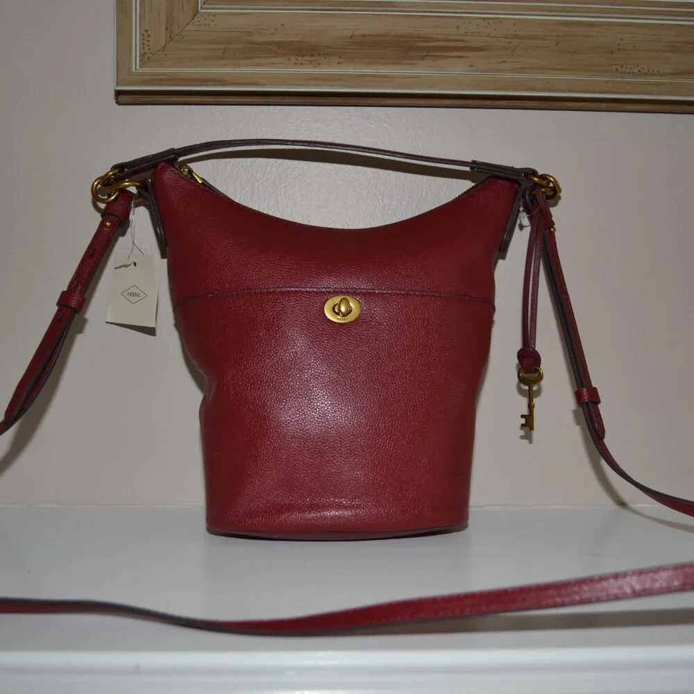 Fossil Talulla Red Velvet Brandy Leather NWT $230 Crossbody Hobo Bag